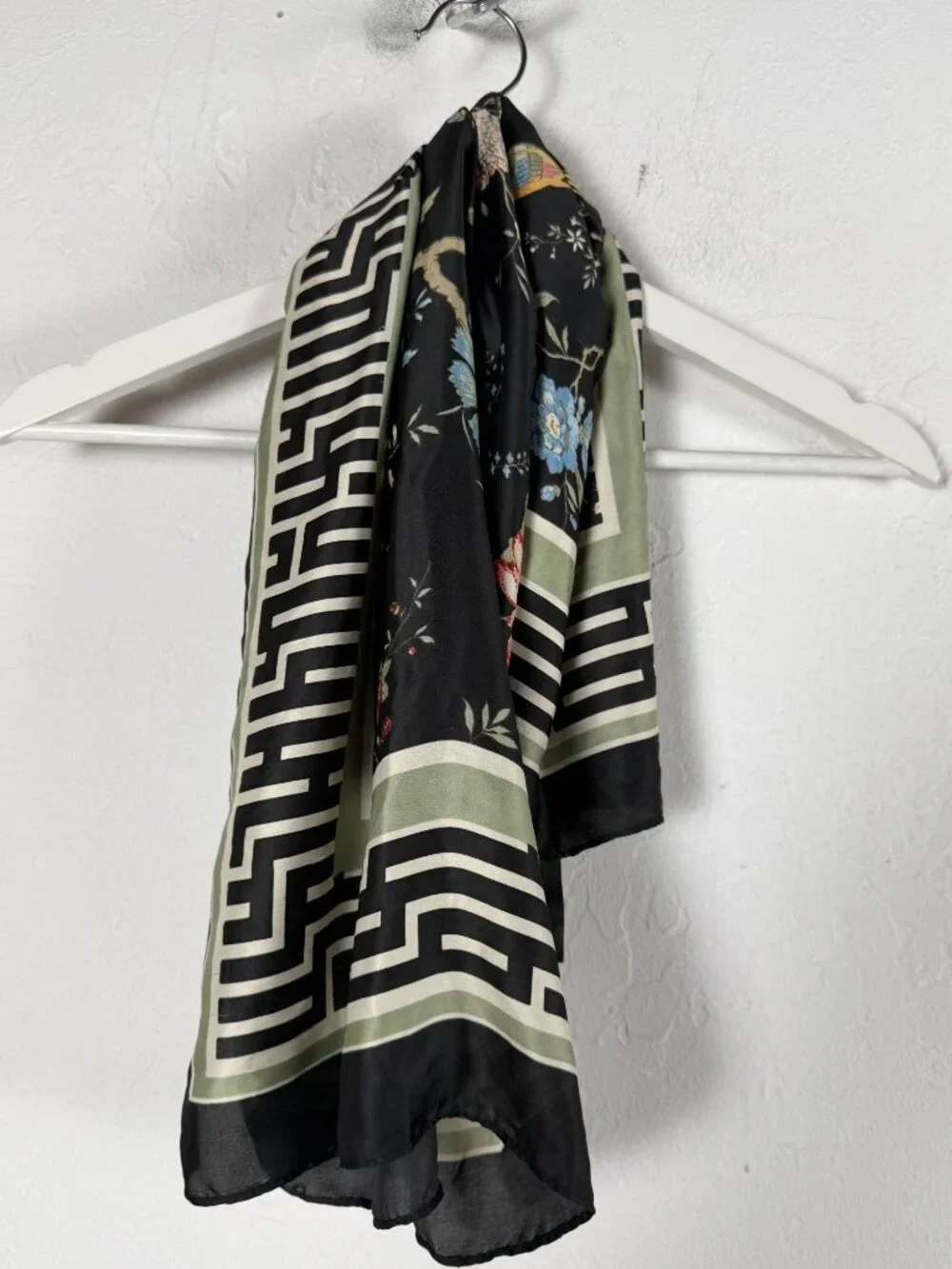 GP & J Baker X H&M Floral Black & Green Scarf Geometric Border 30x28 Inches New